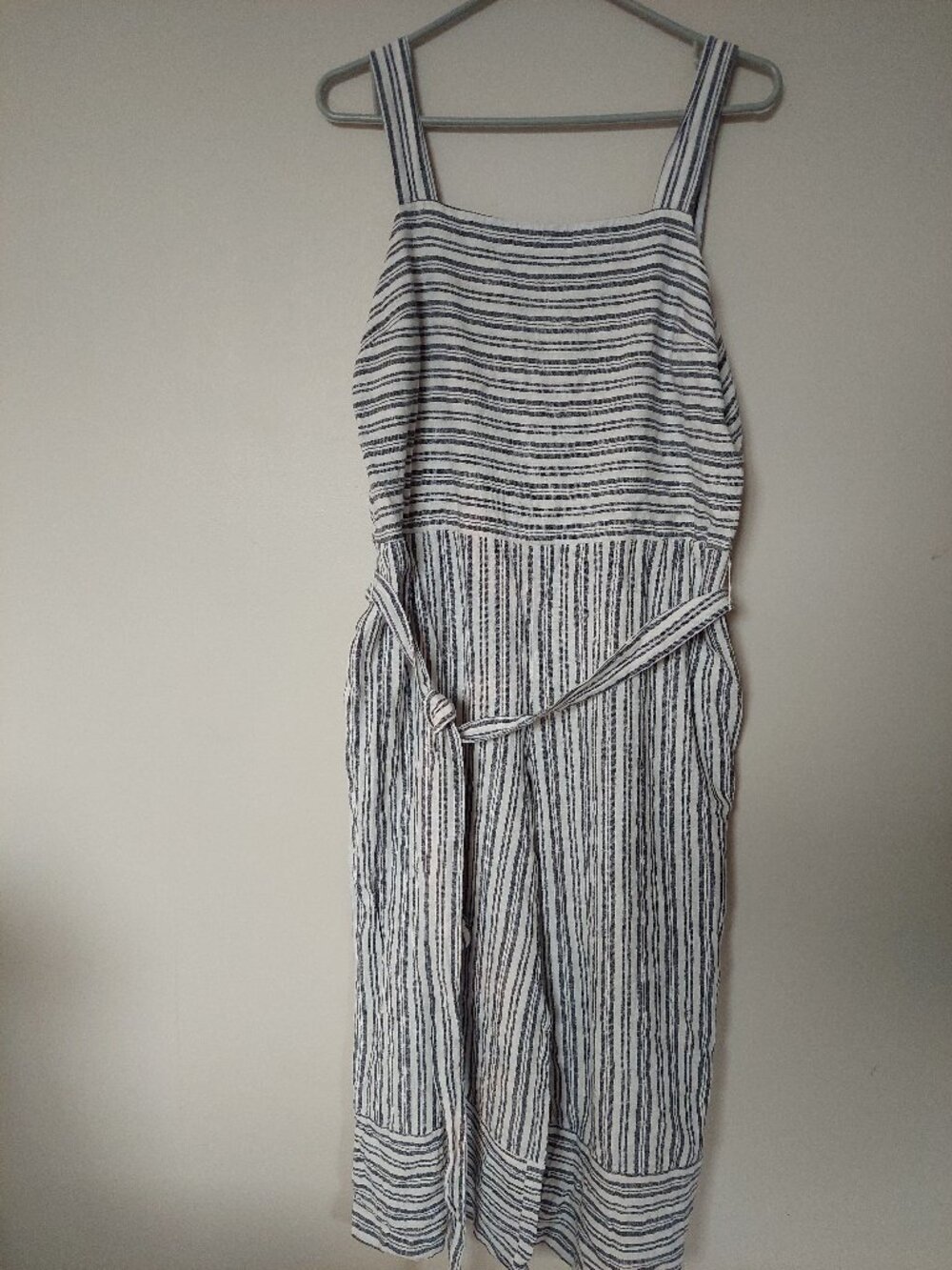 Gap Wide-leg Linen-blend Jumpsuit Size L/M Blue White Striped  Tie-waist